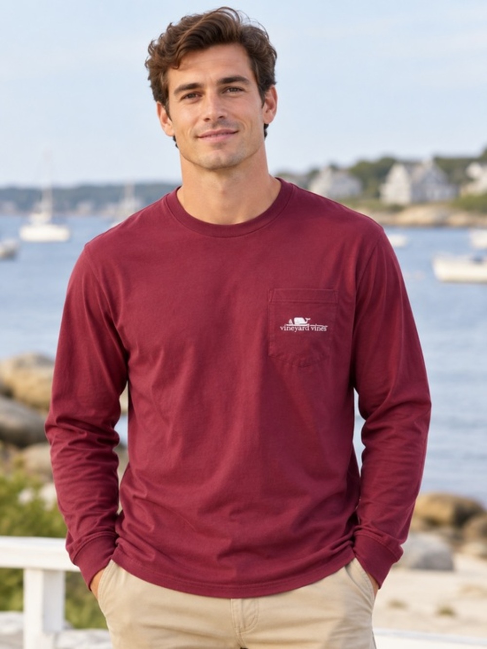 Vineyard Vines Men’s Medium Burgundy Football Long Sleeve Pocket Tee